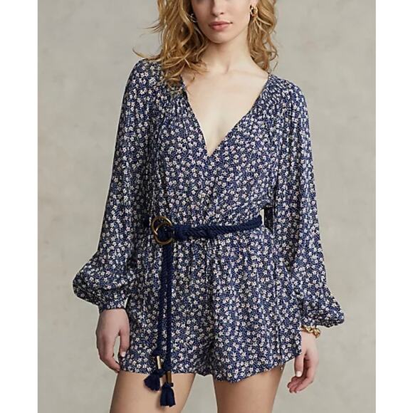Polo‎ Ralph Lauren Blue Floral Crepe Romper Size 8 NEW Jumpsuit - Picture 3 of 9